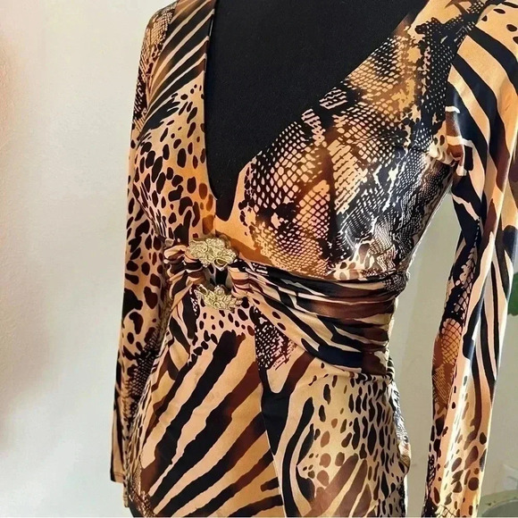 Cache Tops - Cache Vintage Animal Print Rhinestone Dragon Ornamental Accent V-Neck Top Small
